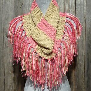 NEW Hand Knitted Infinity Boho Cowl Scarf Fringe Beige Pink Cottage Core Women's